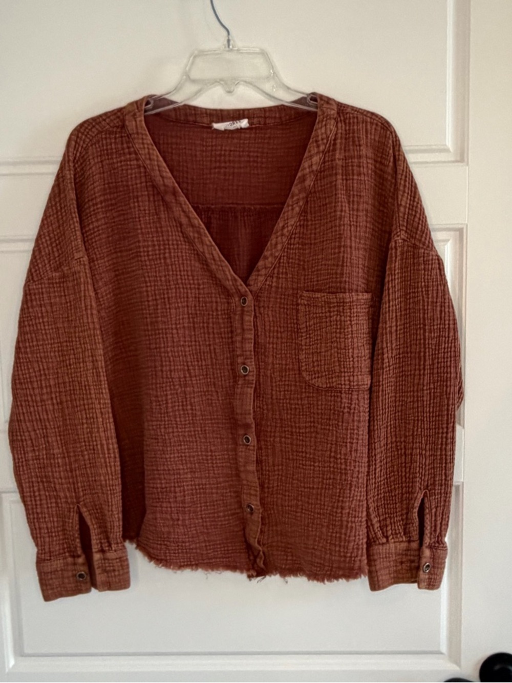 ANDREE BY UNIT 100% Cotton Gauze Brown V Neck Button Up Raw Hem Shirt Boho Sz 1X
